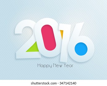 Greeting card design with text 2016 on glossy sky blue background for Happy New Year celebration.