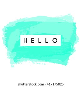 Greeting card design with text "Hello" on neon blue brush strokes background.