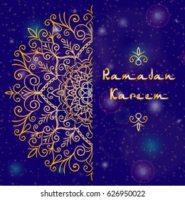 Greeting card design with text Ramadan Kareem for muslim festival in blue and golden color Vector illustrasions