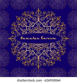 Greeting card design with text Ramadan Kareem for muslim festival in blue and golden color Vector illustrasions