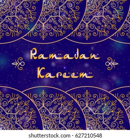 Greeting card design with text Ramadan Kareem for muslim festival in blue and golden color Vector illustrasions
