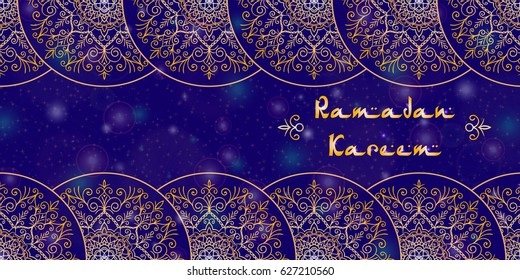 Greeting card design with text Ramadan Kareem for muslim festival in blue and golden color Vector illustrasions
