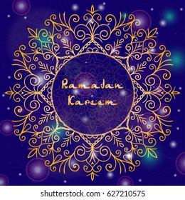 Greeting card design with text Ramadan Kareem for muslim festival in blue and golden color Vector illustrasions