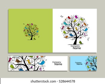 Greeting card design, tree with singing birds