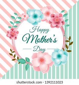 Greeting card design with typography of Happy Mother's Day with flowers on pink and blue pattern background.