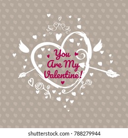 Greeting card design for valentines day. Dark version. Single side greeting card illustration. 
Elegant hand drawn heart with Cupid wings and arrows on dark background with little hearts.
