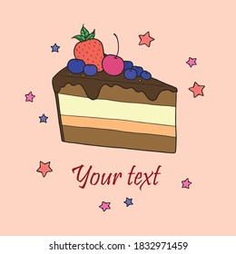 Greeting card design. Vector illustration of cake.