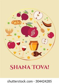 Greeting card design vector template. Jewish New Year greeting card with holiday symbols: pomegranate, honey jar & dipper, apples, fish, menora, hala, shofar, wine glass. Greeting text . Editable 