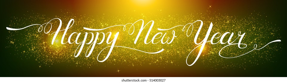 Greeting card design vector template with handwritten calligraphy for 2017 Happy New Year of the Rooster. Hand drawn vector lettering on bright green shining golden spotlights background. EPS 10