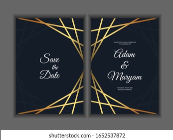 Greeting card design, wedding invitations, rsvp or template for writers competition diploma with golden frame and flower on a dark turquoise background