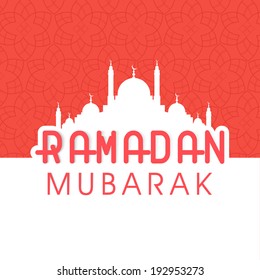 Greeting Card Design With White Silhouette Of Mosque And Stylish Text Ramadan Kareem On Pink And White Background.