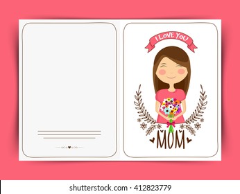 Greeting Card design with young beautiful girl holding a flowers bouquet celebrating and wishing Happy Mother's Day.