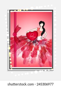 Greeting card design with young girl holding red heart for Happy Valentines Day celebration.