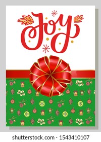 Greeting card designed for new year and xmas holidays celebration. Certificate with ribbon bow decoration and calligraphic inscription with leaves and snowflakes. Pine cone and lantern, baubles vector