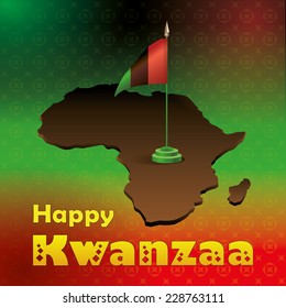 Greeting card with a desktop flag, painted in the colors of Kwanzaa, which stands on the African continent. Vector illustration.