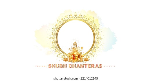 Greeting card for Dhanteras festival. Shubh Dhanteras text with golden coins wealth money, floral and goddess Lakshmi.