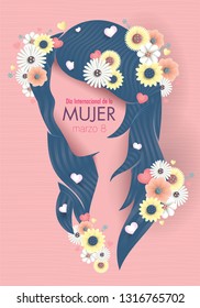 Greeting Card of DIA INTERNATIONAL DE LA MUJER - INTERNATIONAL WOMEN S DAY in Spanish language. Silhouette of woman head with long blue hair decorated with hearts, white and yellow flowers. Vector