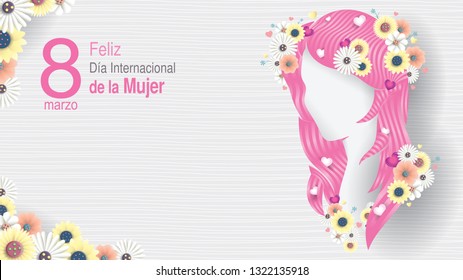 Greeting Card of DIA INTERNATIONAL DE LA MUJER - INTERNATIONAL WOMEN S DAY in Spanish language. Silhouette of woman head with long pink hair decorated with hearts, white and yellow flowers 