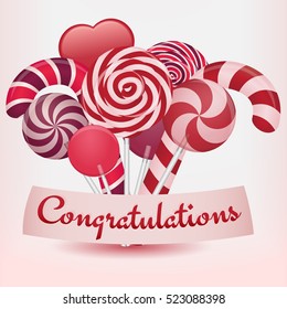 Greeting card with different kinds of candy. Vector illustration.