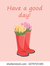 Greeting card with different tulips in rubber boots. Spring or summer vector illustration sketch