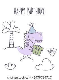 Greeting card with dinosaur. Birthday card with dinosaur. Cute Dinosaur in party hat with Gift. Happy birthday, greeting card, poster, banner, flyer, print, nursery template. Vector illustration