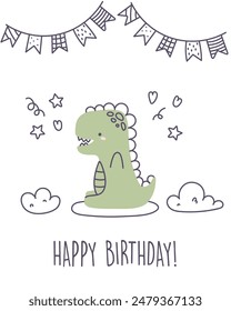 Greeting card with dinosaur. Greeting Card with Cute Dinosaur in Scandinavian style. Birthday postcard with confetti, garlands, lettering and greetings. Vector template for card, poster, flyer