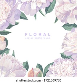Greeting card, discount banner, wedding invitation. Floral frame template with spring white flowers of peonies, leaves, buds and petals. Flowers isolated on white background with place for text. 
