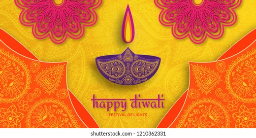 Greeting card for Diwali festival celebration in India. Vector illustration