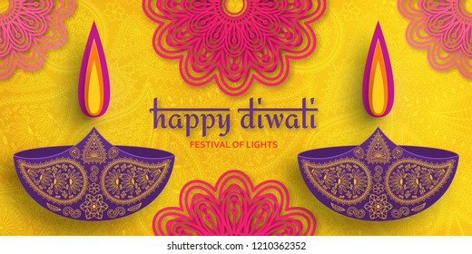 Greeting card for Diwali festival celebration in India. Vector illustration
