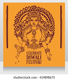 greeting card for diwali festival with indian goddess Lakshmi and colorful ornament, vector illustration