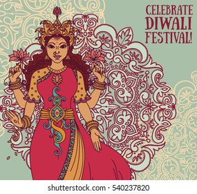 greeting card for diwali festival with indian goddess Lakshmi and royal ornament, vector illustration