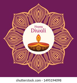 Greeting card for Diwali festival with diwali oil lamp and mandala. Diwali or Deepavali celebration day. Festival of lights. Vector color illustration.