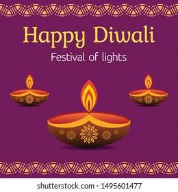 Greeting card for Diwali festival with diwali oil lamp and mandala. Diwali or Deepavali celebration day. Festival of lights. Vector color illustration.
