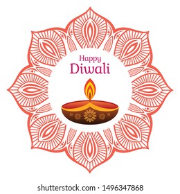 Greeting card for Diwali festival with diwali oil lamp and mandala. Diwali or Deepavali celebration day. Festival of lights. Vector color illustration.