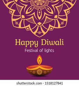 Greeting card for Diwali festival with diwali oil lamp and mandala. Diwali or Deepavali celebration day. Festival of lights. Vector color illustration.