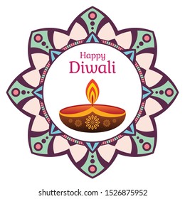 Greeting card for Diwali festival with diwali oil lamp and mandala. Diwali or Deepavali celebration day. Festival of lights. Vector color illustration.