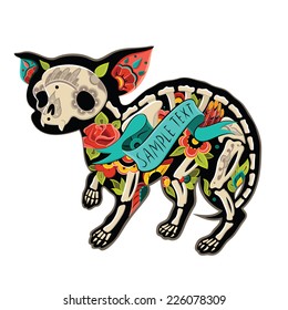 Greeting card with dog chihuahua, skeletons with floral patterns. Colorfull chihuahua. Vector illustration 