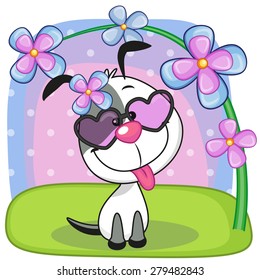 Greeting card Dog with flowers 