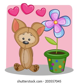 Greeting card Dog with heart and flower 