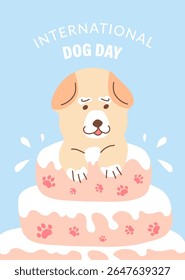 A greeting card with a dog peeking out of a birthday cake for International Dog Day, with space for text. A poster for Dog Day, birthday, party, anniversary, or other event.