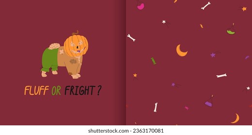 Greeting card with dog in scarecrow Halloween costume and Halloween seamless pattern. Moon, poison, stars, candies and bones. Trick or treat. Vector illustration. Hand drawn funny lettering. Ideal for