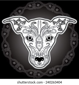 Greeting card with dog, skeletons with floral & Ethnic patterns. Colorfull Vector illustration. 