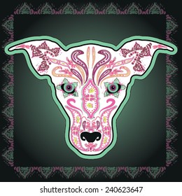 Greeting card with dog, skeletons with floral & Ethnic patterns. Colorfull Vector illustration. 