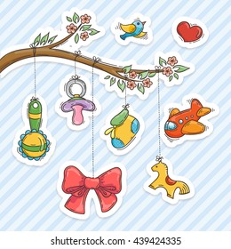 Greeting card with a doodle baby elements. Vector illustration.