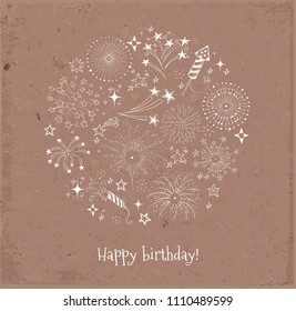 Greeting card with doodle fireworks on brown parcel paper background.