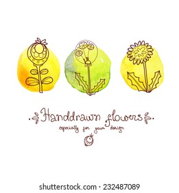 greeting card with doodle - flowers on watercolor background