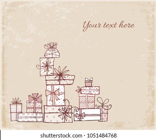 Greeting card with doodle sketch gift boxes on vintage background