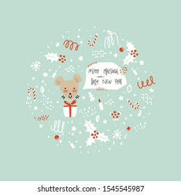 Greeting card in a doodle style. Happy new year white metal rat.