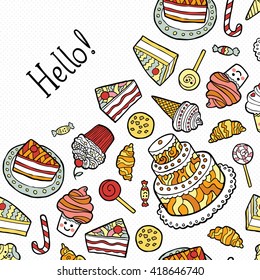 Greeting Card with doodle sweets on dotted background. Vector illustration.