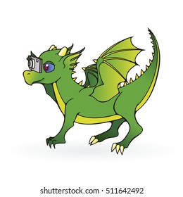 Greeting card with dragon child with photocamera. Vector cartoon illustration.